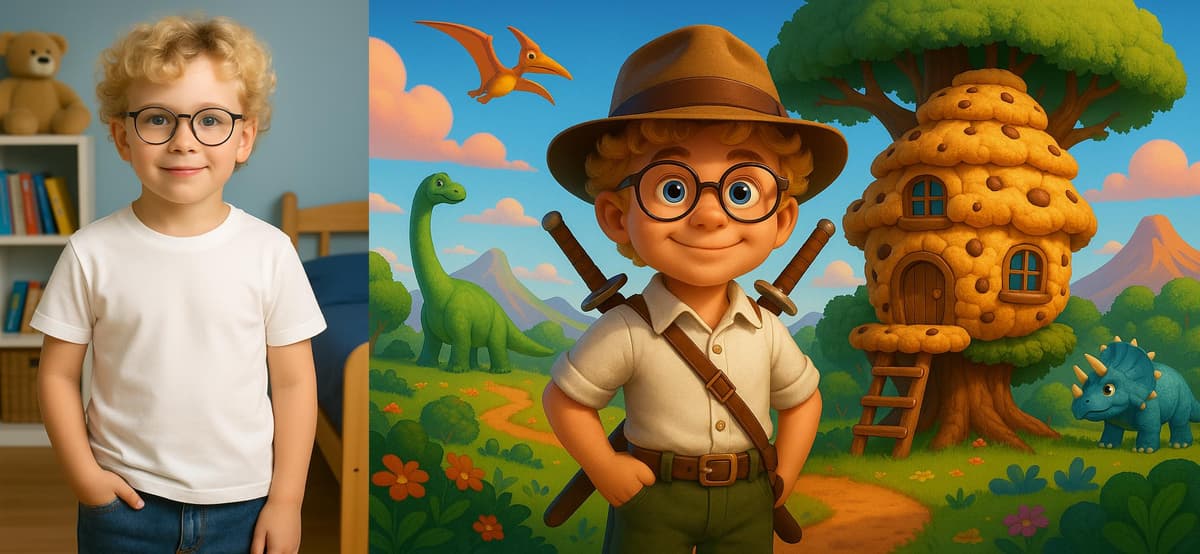 Before and after: Child photo transformed into illustrated storybook character